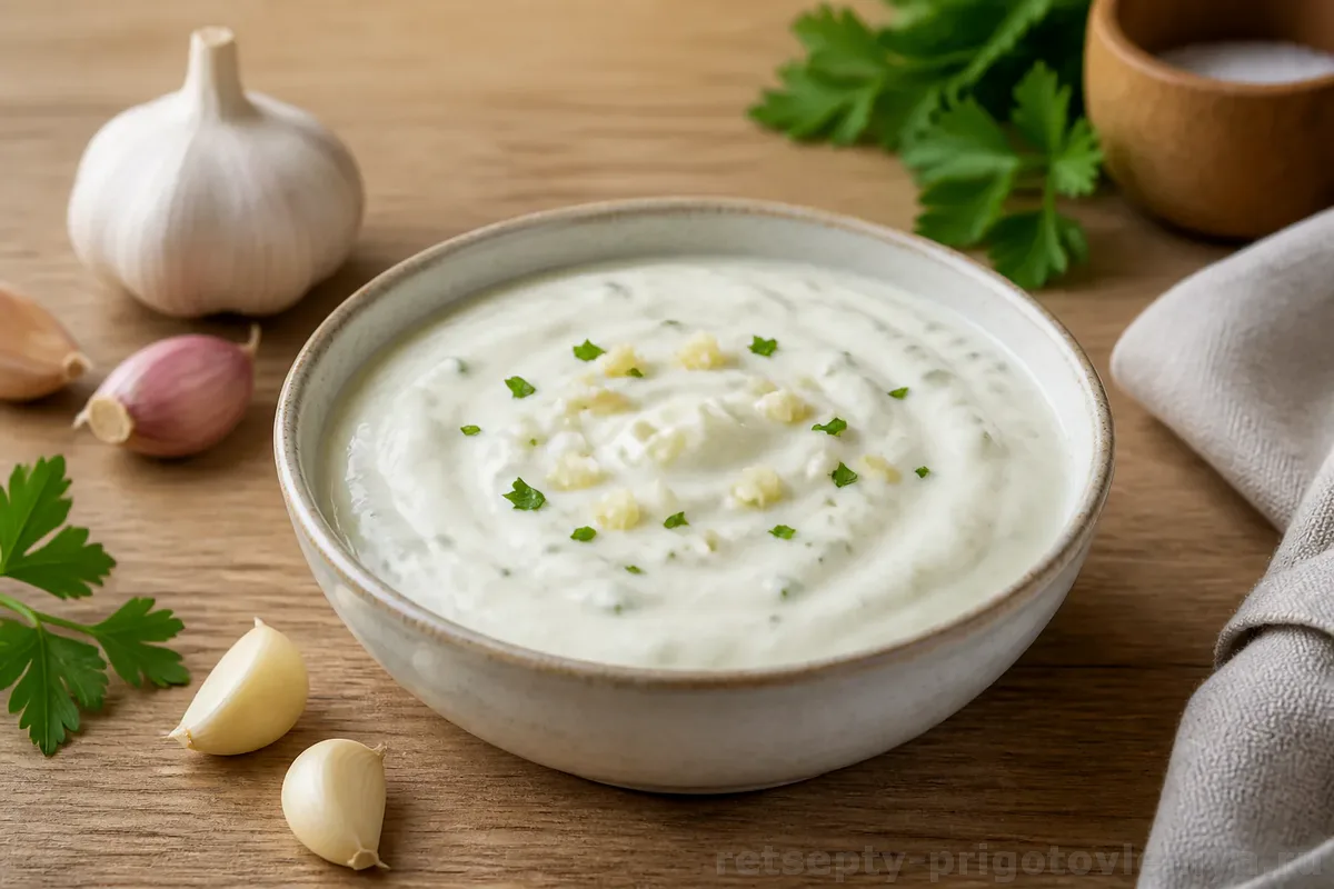 Чесночный соус со сметаной — готовое блюдо