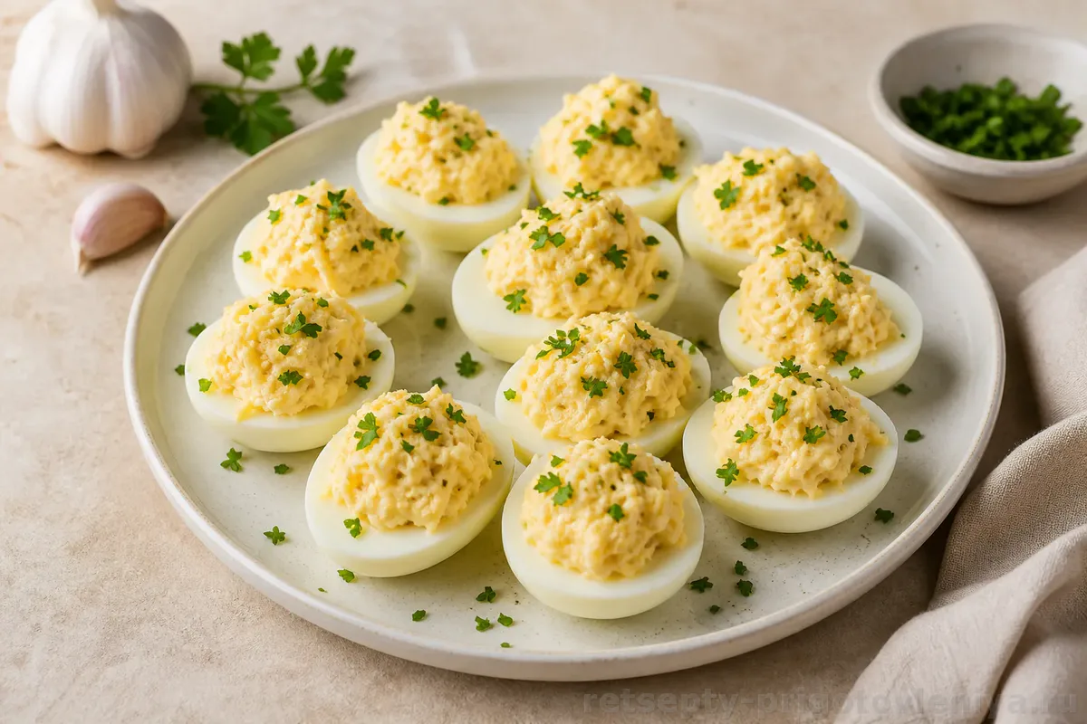 Фаршированные яйца с сыром и чесноком