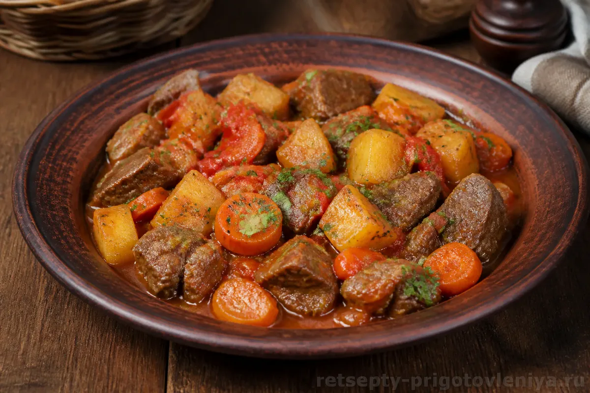 Говядина, тушённая с овощами