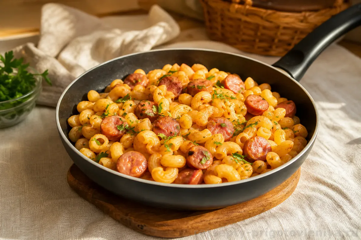 Макароны с сосисками на сковороде