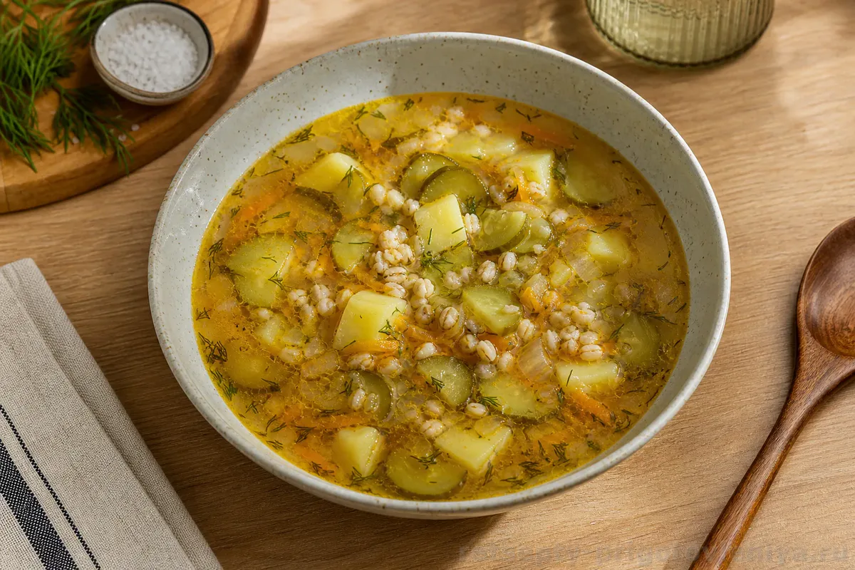 Рассольник с перловкой и солёными огурцами