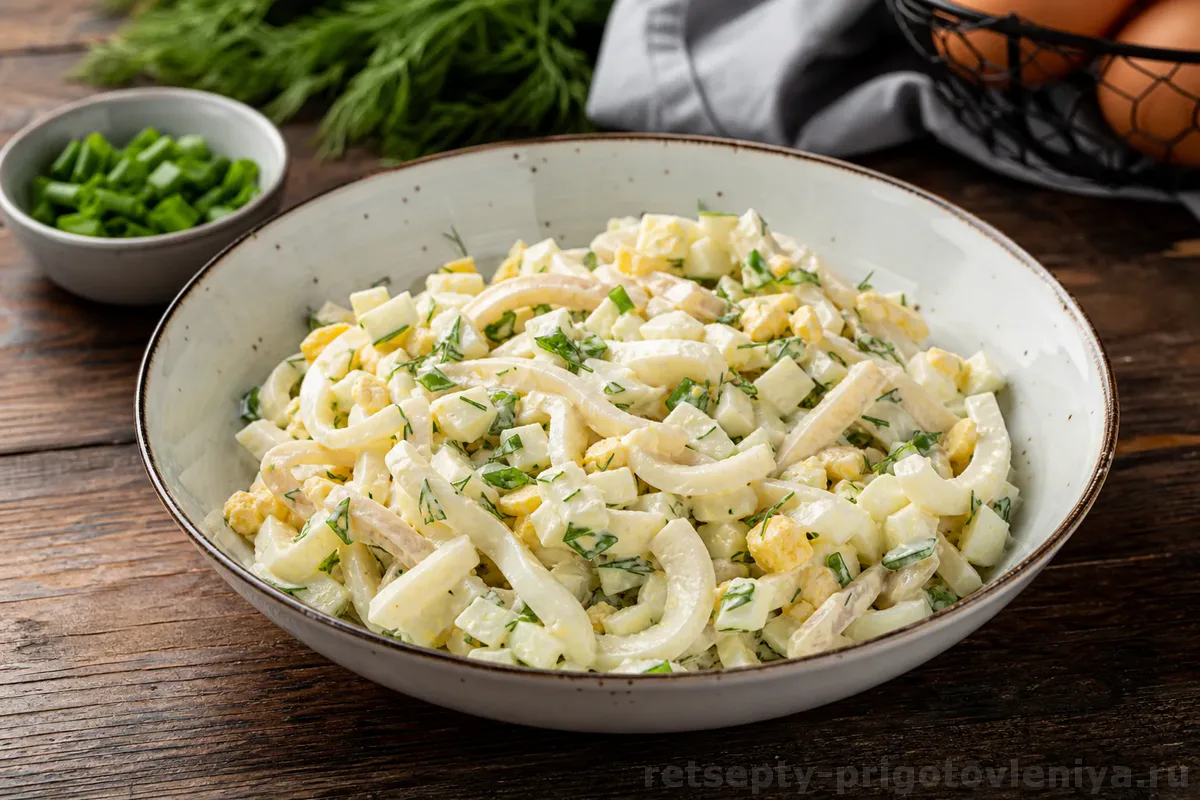 Салат с кальмарами и яйцом