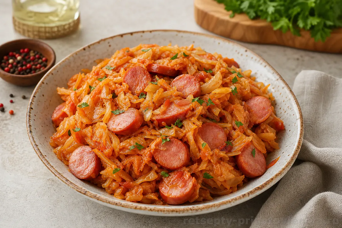 Тушёная капуста с сосисками